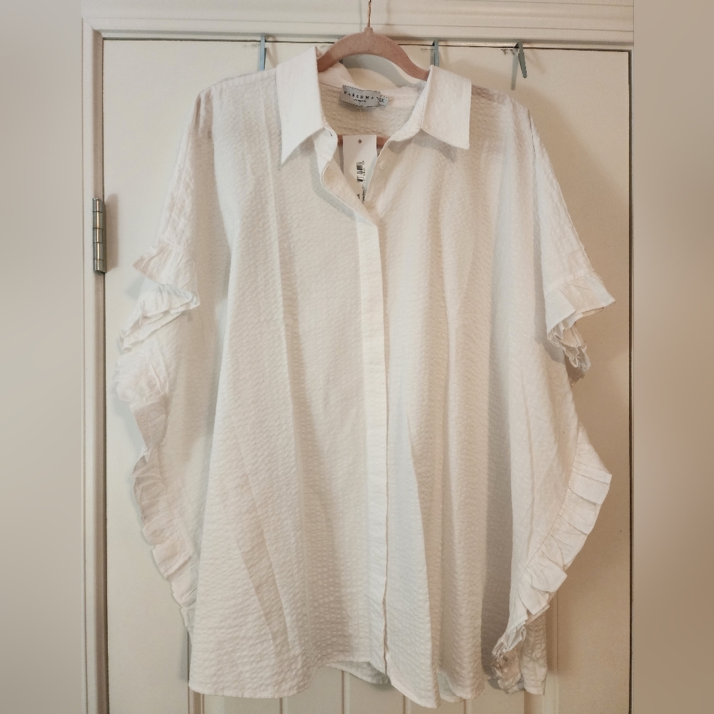 Harshman Darcy White Ruffled Button-Up Blouse Seersucker Cotton Linen 2X NWT